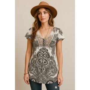 Unity World Wear Shirt Tunic Womens XL Multicolor Cap Sleeve Vneck Lace Bohemian